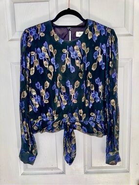 Vtg Hal Ferman Long-Sleeve Tie-Front 80’s Floral Top in Black/Purple/Gold - 14